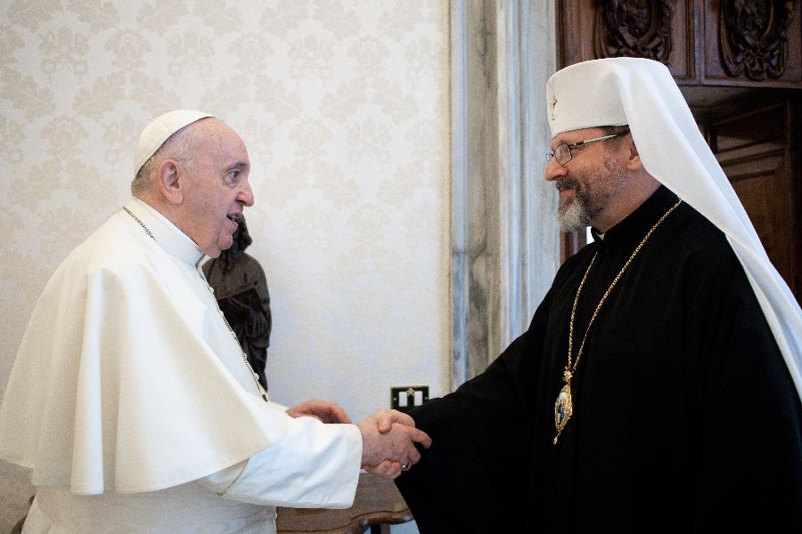 Major Archbishop Sviatoslav Shevchuk, head of the Ukrainian Greek Catholic Church, meets Pope Francis, Nov. 11, 2021. Major Archbishop Sviatoslav Shevchuk, head of the Ukrainian Greek Catholic Church, meets Pope Francis, Nov. 11, 2021.