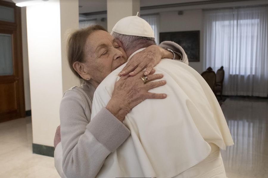 Pope Francis meets with Holocaust survivor Edith Bruck at the Vatican’s Casa Santa Marta, Jan. 27, 2022. Pope Francis meets with Holocaust survivor Edith Bruck at the Vatican’s Casa Santa Marta, Jan. 27, 2022.
