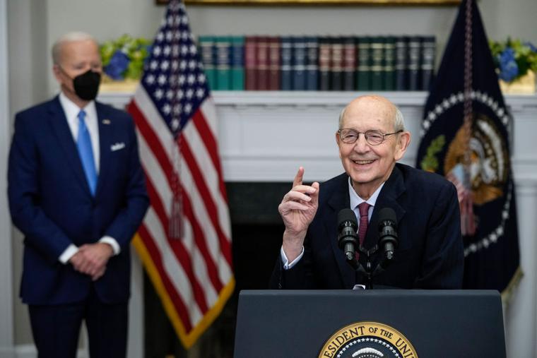 President Joe Biden looks on as U.S. Supreme Court Associate Justice Stephen Breyer speaks about his coming retirement in the Roosevelt Room of the White House on January 27, 2022 in Washington, DC. President Joe Biden looks on as U.S. Supreme Court Associate Justice Stephen Breyer speaks about his coming retirement in the Roosevelt Room of the White House on January 27, 2022 in Washington, DC.