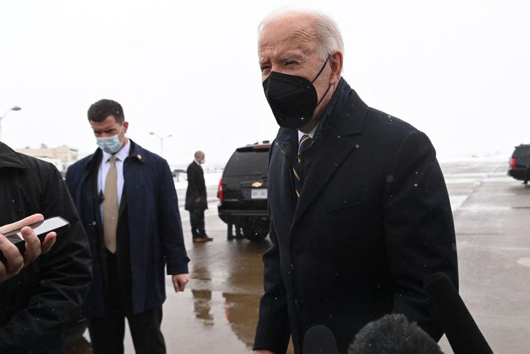 President Joe Biden speaks to the press as he arrives at Allegheny County Airport in West Mifflin, Pennsylvania, January 28, 2022, as he travels to Pittsburgh to speak on the economy. President Joe Biden speaks to the press as he arrives at Allegheny County Airport in West Mifflin, Pennsylvania, January 28, 2022, as he travels to Pittsburgh to speak on the economy.