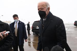 President Joe Biden speaks to the press as he arrives at Allegheny County Airport in West Mifflin, Pennsylvania, January 28, 2022, as he travels to Pittsburgh to speak on the economy. President Joe Biden speaks to the press as he arrives at Allegheny County Airport in West Mifflin, Pennsylvania, January 28, 2022, as he travels to Pittsburgh to speak on the economy.