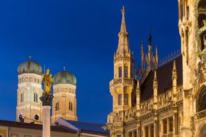 The towers of the Cathedral of Our Dear Lady are seen at night in Munich, Germany. The towers of the Cathedral of Our Dear Lady are seen at night in Munich, Germany.