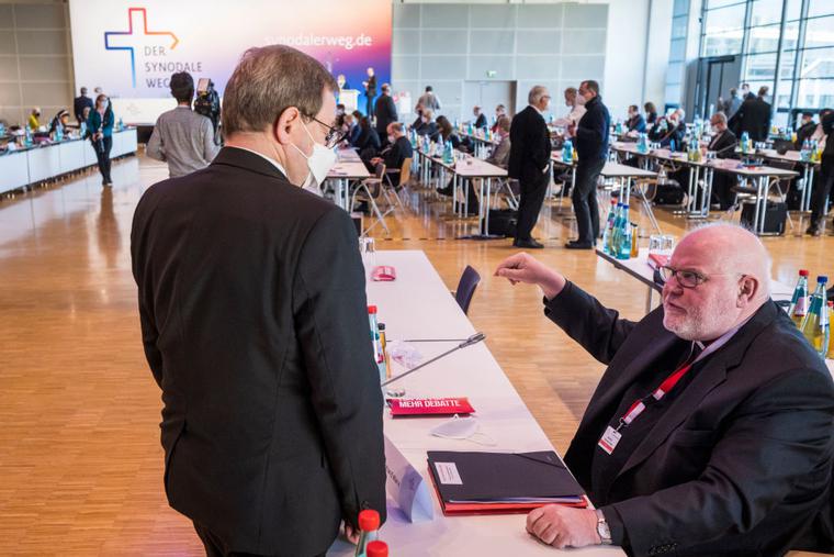 Bishop Georg Batzing (L), Chairman of the German Bishops' Conference and Cardinal Reinhard Marx (R) talk during the final day of the "Synadoler Weg" Catholic Reform Movement Congress on February 05, 2022 in Frankfurt, Germany. Bishop Georg Batzing (L), Chairman of the German Bishops' Conference and Cardinal Reinhard Marx (R) talk during the final day of the "Synadoler Weg" Catholic Reform Movement Congress on February 05, 2022 in Frankfurt, Germany.