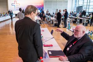 Bishop Georg Batzing (L), Chairman of the German Bishops' Conference and Cardinal Reinhard Marx (R) talk during the final day of the "Synadoler Weg" Catholic Reform Movement Congress on February 05, 2022 in Frankfurt, Germany. Bishop Georg Batzing (L), Chairman of the German Bishops' Conference and Cardinal Reinhard Marx (R) talk during the final day of the "Synadoler Weg" Catholic Reform Movement Congress on February 05, 2022 in Frankfurt, Germany.
