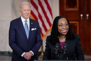 President Joe Biden looks on as Ketanji Brown Jackson, of the U.S. Court of Appeals for the District of Columbia Circuit, delivers brief remarks as his nominee to the U.S. Supreme Court during an event in the Cross Hall of the White House Feb. 25 in Washington. President Joe Biden looks on as Ketanji Brown Jackson, of the U.S. Court of Appeals for the District of Columbia Circuit, delivers brief remarks as his nominee to the U.S. Supreme Court during an event in the Cross Hall of the White House Feb. 25 in Washington.