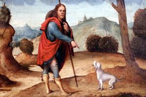 St. Roch, depicted here in a painting from the school of Francesco Francia (1447–1517), has been invoked for centuries as the patron saint of pet dogs. St. Roch, depicted here in a painting from the school of Francesco Francia (1447–1517), has been invoked for centuries as the patron saint of pet dogs.