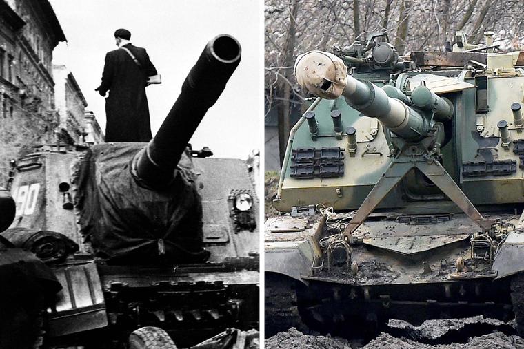 At right, a Russian armored vehicle sits at a railway station in Rostov Oblast, Russia Feb. 25, awaiting deployment to Ukraine. At left, a Soviet tank sits on St. Joseph Boulevard in Budapest, on Nov. 6, 1956, two days after helping to crush the uprising in Hungary. At right, a Russian armored vehicle sits at a railway station in Rostov Oblast, Russia Feb. 25, awaiting deployment to Ukraine. At left, a Soviet tank sits on St. Joseph Boulevard in Budapest, on Nov. 6, 1956, two days after helping to crush the uprising in Hungary.
