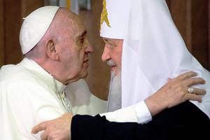 Pope Francis and the head of the Russian Orthodox Church, Patriarch Kirill, embrace during their historic meeting in Havana, Cuba, on Feb. 12, 2016. Pope Francis and the head of the Russian Orthodox Church, Patriarch Kirill, embrace during their historic meeting in Havana, Cuba, on Feb. 12, 2016.