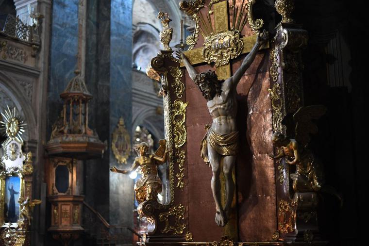 A statue of Christ on the Cross at the Saints Peter and Paul Garrison Ukrainian Greek-Catholic Church in Lviv on March 2, 2022. A statue of Christ on the Cross at the Saints Peter and Paul Garrison Ukrainian Greek-Catholic Church in Lviv on March 2, 2022.