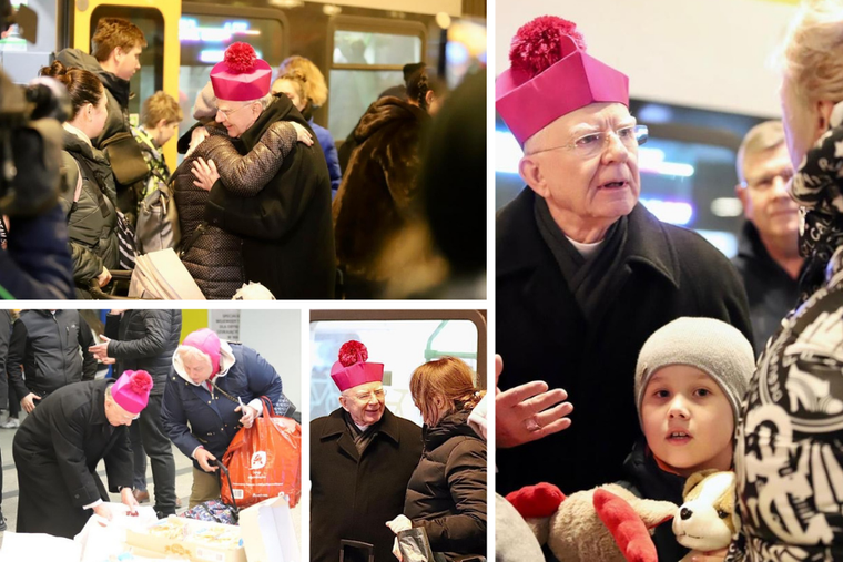 Archbishop Marek Jędraszewski of Krakow greets hundreds of Ukrainians as they arrive by train seeking refuge. Archbishop Marek Jędraszewski of Krakow greets hundreds of Ukrainians as they arrive by train seeking refuge.