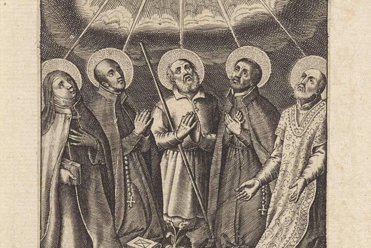 Sts. Isidore, Ignatius of Loyola, Francis Xavier, Teresa of Avila and Philip Neri are shown kneeling on the ground and look in worship up to the Holy Spirit, proposed as a dove. Under the print is an explanatory text, with a reference to their canonization by Pope Gregory XV on March 12, 1622. Sts. Isidore, Ignatius of Loyola, Francis Xavier, Teresa of Avila and Philip Neri are shown kneeling on the ground and look in worship up to the Holy Spirit, proposed as a dove. Under the print is an explanatory text, with a reference to their canonization by Pope Gregory XV on March 12, 1622.