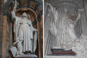 L to R: Statues depict Jesuit Sts. Francis Xavier and Ignatius of Loyola, who were canonized 400 years ago. The statue of St. Francis Xavier is located at the Valdocco Complex in Turin, Italy, which includes the Basilica di Maria Ausiliatrice (Basilica of Mary the Helper). The statue of St. Ignatius is located in St. Peter's Basilica. L to R: Statues depict Jesuit Sts. Francis Xavier and Ignatius of Loyola, who were canonized 400 years ago. The statue of St. Francis Xavier is located at the Valdocco Complex in Turin, Italy, which includes the Basilica di Maria Ausiliatrice (Basilica of Mary the Helper). The statue of St. Ignatius is located in St. Peter's Basilica.