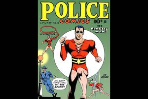 Plastic Man and The Spirit on the cover of Police Comics, Volume 1, Number 15, January 1943. Plastic Man and The Spirit on the cover of Police Comics, Volume 1, Number 15, January 1943.