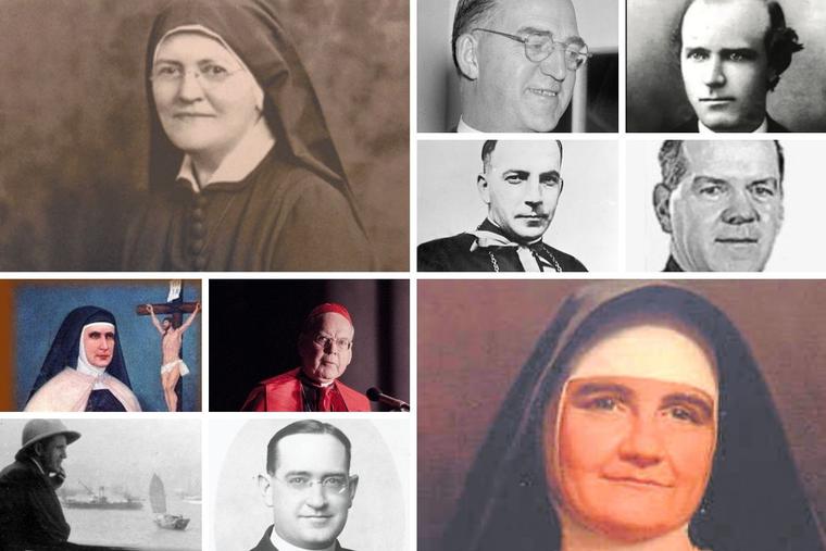 Top left: Mother Mary Teresa Tallon
Top right, row 1: L to R: Father Edward Flanagan and Father Patrick Ryan
Top right, row 2: L to R: Bishop Francis Ford and Father Theodore Foley
Bottom left, row 1: L to R: Mother Maria Adelaida O’Sullivan and Cardinal Terence Cooke
Bottom left, row 2: L to R: Bishop (then Father) James Walsh and Msgr. Bernard Quinn
Bottom right: Mary Angeline Teresa McCrory Top left: Mother Mary Teresa Tallon
Top right, row 1: L to R: Father Edward Flanagan and Father Patrick Ryan
Top right, row 2: L to R: Bishop Francis Ford and Father Theodore Foley
Bottom left, row 1: L to R: Mother Maria Adelaida O’Sullivan and Cardinal Terence Cooke
Bottom left, row 2: L to R: Bishop (then Father) James Walsh and Msgr. Bernard Quinn
Bottom right: Mary Angeline Teresa McCrory