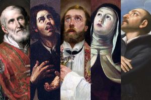 L to R: St. Philip Neri (Sebastiano Conca); St. Isidore the Farmer (Esteban March); St. Francis Xavier (Joaquín Sorolla); St. Teresa of Avila (Antonio Palomino); St. Ignatius of Loyola (Domenichino) L to R: St. Philip Neri (Sebastiano Conca); St. Isidore the Farmer (Esteban March); St. Francis Xavier (Joaquín Sorolla); St. Teresa of Avila (Antonio Palomino); St. Ignatius of Loyola (Domenichino)