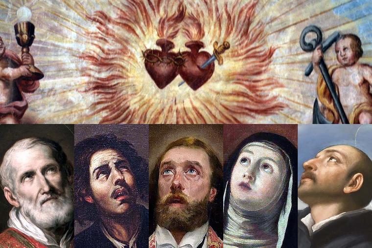 Top: “Sacred Heart and Immaculate Heart,” Spitalkirche Heilig Geist, 1719. Bottom, L to R: St. Philip Neri (Sebastiano Conca); St. Isidore the Farmer (Esteban March); St. Francis Xavier (Joaquín Sorolla); St. Teresa of Avila (Antonio Palomino); St. Ignatius of Loyola (Domenichino) Top: “Sacred Heart and Immaculate Heart,” Spitalkirche Heilig Geist, 1719. Bottom, L to R: St. Philip Neri (Sebastiano Conca); St. Isidore the Farmer (Esteban March); St. Francis Xavier (Joaquín Sorolla); St. Teresa of Avila (Antonio Palomino); St. Ignatius of Loyola (Domenichino)