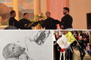 Clockwise from top: The Floriani ensemble sings, the success of Catholic theater companies is evident in such productions as ‘Lolek,’ and a modern interpretation of the ‘Pietà’ is created by Emily Anderson. Clockwise from top: The Floriani ensemble sings, the success of Catholic theater companies is evident in such productions as ‘Lolek,’ and a modern interpretation of the ‘Pietà’ is created by Emily Anderson.