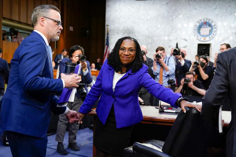 Supreme Court nominee Ketanji Brown Jackson departs with her husband Dr. Patrick Jackson, left, after the first day of the Senate Judiciary confirmation hearing on Capitol Hill March 21, 2022 in Washington, DC. Supreme Court nominee Ketanji Brown Jackson departs with her husband Dr. Patrick Jackson, left, after the first day of the Senate Judiciary confirmation hearing on Capitol Hill March 21, 2022 in Washington, DC.