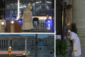 Pope Francis prays for an end to the pandemic in St. Peter's Square on March 27, 2020. Pope Francis prays for an end to the pandemic in St. Peter's Square on March 27, 2020.