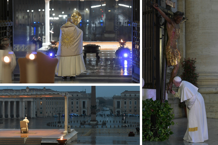 Pope Francis prays for an end to the pandemic in St. Peter's Square on March 27, 2020. Pope Francis prays for an end to the pandemic in St. Peter's Square on March 27, 2020.