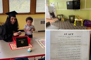 Clockwise from left: Jasmine Rolon plays with her son, Josiah, shortly after her graduation; the common rooms provide gathering places for moms and their children; and the act that Abraham Lincoln signed to incorporate the center is displayed for all to see. Clockwise from left: Jasmine Rolon plays with her son, Josiah, shortly after her graduation; the common rooms provide gathering places for moms and their children; and the act that Abraham Lincoln signed to incorporate the center is displayed for all to see.