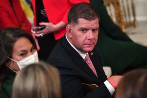 US Secretary of Labor Marty Walsh attends the Equal Pay Day event to celebrate Womens History Month in the East Room of the White House in Washington, DC, March 15, 2022. US Secretary of Labor Marty Walsh attends the Equal Pay Day event to celebrate Womens History Month in the East Room of the White House in Washington, DC, March 15, 2022.