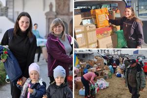 Clockwise from left: A refugee mother and two children from Ukraine arrive at Franciscan University’s Austrian campus on March 27. Mary Krolicki, residence director at Franciscan University’s Austrian campus, helped gather supplies delivered to a refugee center in Poland. This refugee camp near the Poland-Ukraine border is where staff from Franciscan University delivered supplies. Clockwise from left: A refugee mother and two children from Ukraine arrive at Franciscan University’s Austrian campus on March 27. Mary Krolicki, residence director at Franciscan University’s Austrian campus, helped gather supplies delivered to a refugee center in Poland. This refugee camp near the Poland-Ukraine border is where staff from Franciscan University delivered supplies.