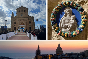 (Clockwise from L-R) Basilica of the National Shrine of the Blessed Virgin of Ta’ Pinu on the island of Gozo. Sculptured wall showing the Blessed Mother holding the baby Jesus. Evening shot of Valletta, Malta. (Clockwise from L-R) Basilica of the National Shrine of the Blessed Virgin of Ta’ Pinu on the island of Gozo. Sculptured wall showing the Blessed Mother holding the baby Jesus. Evening shot of Valletta, Malta.