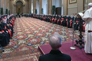 Pope Francis addresses the members of the Roman Curia Dec. 23 at the Vatican. Pope Francis addresses the members of the Roman Curia Dec. 23 at the Vatican.