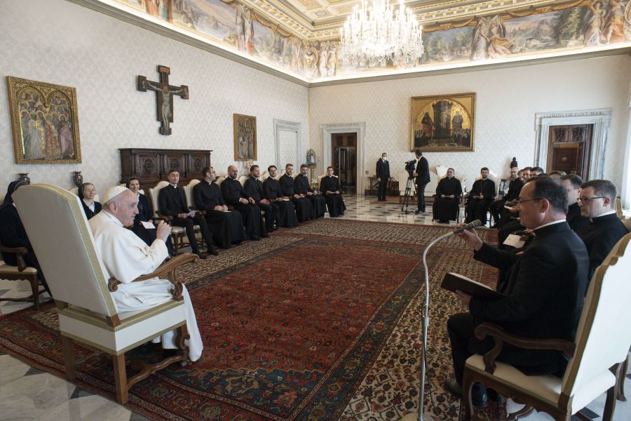 Pope Francis meets with the community of the Pontifical German Institute of Santa Maria dell'Anima in Rome on April 7. Pope Francis meets with the community of the Pontifical German Institute of Santa Maria dell'Anima in Rome on April 7.