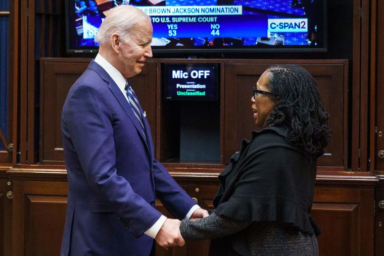 President Joe Biden and Judge Ketanji Brown Jackson watch the Senate vote on her nomination to be an associate justice on the US Supreme Court, from the Roosevelt Room of the White House in Washington, DC on April 7, 2022. President Joe Biden and Judge Ketanji Brown Jackson watch the Senate vote on her nomination to be an associate justice on the US Supreme Court, from the Roosevelt Room of the White House in Washington, DC on April 7, 2022.