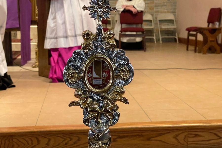 The relic of Blessed Carlo Acutis, a fragment of his pericardium is seen at Holy Family parish in Queens, New York, April 6. The relic of Blessed Carlo Acutis, a fragment of his pericardium is seen at Holy Family parish in Queens, New York, April 6.