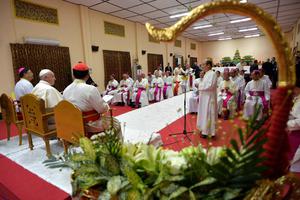 Pope Francis meets with the bishops of Myanmar, also known as Burma, Nov. 29, 2017 in Yangon. Mandalay Archbishop Marco Win Tin and more than a dozen priests were placed under house arrest Friday by government forces. Pope Francis meets with the bishops of Myanmar, also known as Burma, Nov. 29, 2017 in Yangon. Mandalay Archbishop Marco Win Tin and more than a dozen priests were placed under house arrest Friday by government forces.