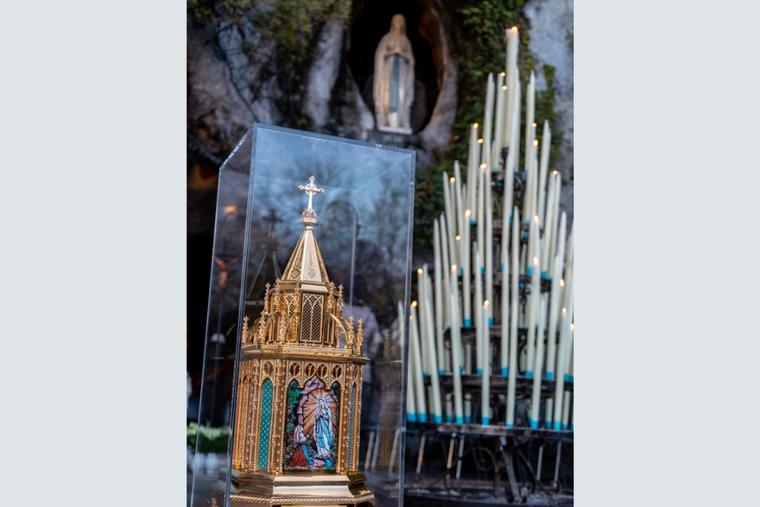 St. Bernadette’s relics, which include part of her rib, are contained in a large reliquary, as shown at Lourdes, France. St. Bernadette’s relics, which include part of her rib, are contained in a large reliquary, as shown at Lourdes, France.