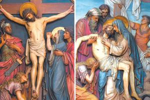 These 12th and 13th Stations of the Cross reflect Marian sorrow in the Basilica of the Sacred Heart of Jesus in Zagreb, Croatia. These 12th and 13th Stations of the Cross reflect Marian sorrow in the Basilica of the Sacred Heart of Jesus in Zagreb, Croatia.