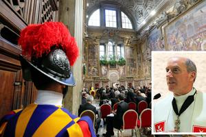MAIN: Pope Francis addresses diplomats accredited to the Holy See during an audience for the traditional exchange of New Year greetings, in the Sala Regia at the Vatican on Jan. 9, 2020. The Holy See receives ambassadors from 87 nations, and in turn sends diplomatic missions worldwide through the Vatican Diplomatic Corps. INSET: Msgr. Steven Otellini. MAIN: Pope Francis addresses diplomats accredited to the Holy See during an audience for the traditional exchange of New Year greetings, in the Sala Regia at the Vatican on Jan. 9, 2020. The Holy See receives ambassadors from 87 nations, and in turn sends diplomatic missions worldwide through the Vatican Diplomatic Corps. INSET: Msgr. Steven Otellini.