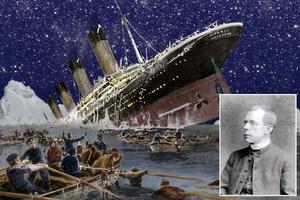MAIN: “The Sinking of the Titanic,” a 1912 watercolor by German artist Willy Stöwer (1864-1931), with digital enhancement. INSET: Father Thomas Byles. MAIN: “The Sinking of the Titanic,” a 1912 watercolor by German artist Willy Stöwer (1864-1931), with digital enhancement. INSET: Father Thomas Byles.