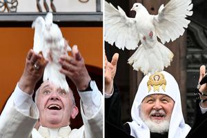 LEFT: Pope Francis releases a dove during a meeting with the Chaldean community at the Catholic Church of St. Simon Bar Sabbae in Tbilisi, Georgia, on Sept. 30, 2016. RIGHT: Russian Orthodox Patriarch Kirill releases a dove after a Divine Liturgy marking the Feast of the Annunciation in front of the Cathedral of Christ the Savior in Moscow on April 7. LEFT: Pope Francis releases a dove during a meeting with the Chaldean community at the Catholic Church of St. Simon Bar Sabbae in Tbilisi, Georgia, on Sept. 30, 2016. RIGHT: Russian Orthodox Patriarch Kirill releases a dove after a Divine Liturgy marking the Feast of the Annunciation in front of the Cathedral of Christ the Savior in Moscow on April 7.