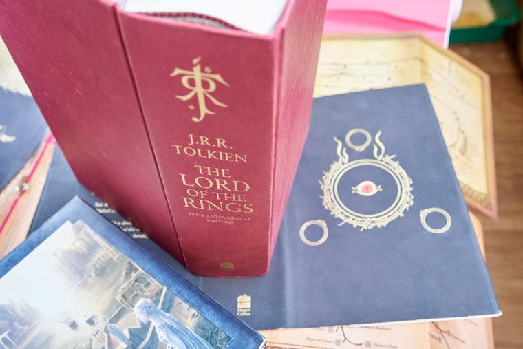 An edition of ‘The Lord of the Rings’ in red binding with a monogram of J.R.R. Tolkien on the spine An edition of ‘The Lord of the Rings’ in red binding with a monogram of J.R.R. Tolkien on the spine