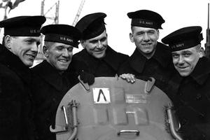 The real Sullivan brothers on Feb. 14, 1942, from left to right: Joseph, Francis, Albert, Madison and George. The real Sullivan brothers on Feb. 14, 1942, from left to right: Joseph, Francis, Albert, Madison and George.