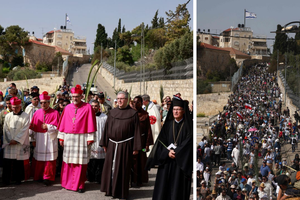 The Latin Patriarch of Jerusalem Pierbattista Pizzaballa takes part in the traditional Catholic Palm Sunday procession with pilgrims following from Mount of Olives to Jerusalem's Old City, on April 10, 2022. The Latin Patriarch of Jerusalem Pierbattista Pizzaballa takes part in the traditional Catholic Palm Sunday procession with pilgrims following from Mount of Olives to Jerusalem's Old City, on April 10, 2022.