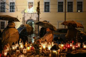 People take part in a Mass for peace in Ukraine on the 17th anniversary of the death of the late Polish Pope, Saint John Paul II in front of the Pope's window on April 02, 2022 in Krakow, Poland. More than 4 million people have fled Ukraine since the Russian invasion of that country on Feb. 24. Millions more have been internally displaced. People take part in a Mass for peace in Ukraine on the 17th anniversary of the death of the late Polish Pope, Saint John Paul II in front of the Pope's window on April 02, 2022 in Krakow, Poland. More than 4 million people have fled Ukraine since the Russian invasion of that country on Feb. 24. Millions more have been internally displaced.