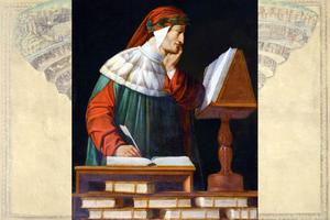 Attilio Runcaldier (1801-1884), “Portrait of Dante Alighieri,” against a background featuring Sandro Botticelli’s ‘Chart of Hell’ from Dante’s Inferno. Attilio Runcaldier (1801-1884), “Portrait of Dante Alighieri,” against a background featuring Sandro Botticelli’s ‘Chart of Hell’ from Dante’s Inferno.