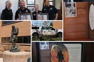 On March 31, Mary Callan of the Julia Greeley Firefighters Prayer Union presented the prayer union’s first enrollment certificates to the Denver Fire Department and to Denver Fire Station No. 1: L to R, Mary Callan, Chief Desmond Fulton, Division 4 Chief Wendi Moeder, and Lt. Derrick Johnson, an ordained deacon and also a Denver Fire Department chaplain. Also shown: the Firefighters Prayer Union card, Certificate of Perpetual Enrollment for the Denver Fire Department and a memorial to firefighters outside of Denver Fire Headquarters.
