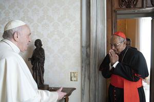 Cardinal Malcolm Ranjith, archbishop of Colombo, Sri Lanka, greets Pope Francis at the Vatican Feb. 28. Cardinal Malcolm Ranjith, archbishop of Colombo, Sri Lanka, greets Pope Francis at the Vatican Feb. 28.