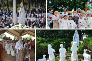 Clockwise from Left: A Fatima procession in Portugal. Young children take part in the First Saturday Devotion at the Blue Army Shrine in Asbury, N.J. Statue of the shepherd children praying in front of a statue of Our Lady of Fatima. A procession at the Blue Army Shrine for First Saturday devotion Clockwise from Left: A Fatima procession in Portugal. Young children take part in the First Saturday Devotion at the Blue Army Shrine in Asbury, N.J. Statue of the shepherd children praying in front of a statue of Our Lady of Fatima. A procession at the Blue Army Shrine for First Saturday devotion