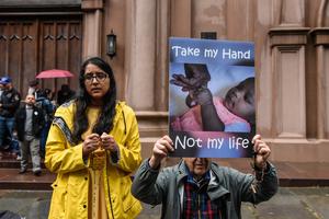 Pro-lifers give prayerful witness outside of the Basilica of St. Patrick’s Old Cathedral as pro-abortion activists gathered May 7 in New York City. Pro-lifers give prayerful witness outside of the Basilica of St. Patrick’s Old Cathedral as pro-abortion activists gathered May 7 in New York City.