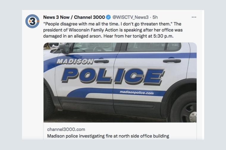 Wisconsin Family Action President Julaine Appling told News 3 Now that someone had started a fire in the pro-life office. Wisconsin Family Action President Julaine Appling told News 3 Now that someone had started a fire in the pro-life office.