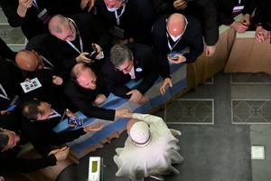 Pope Francis greets the Missionaries of Divine Mercy in the Paul VI hall at the Vatican on April 25. Pope Francis greets the Missionaries of Divine Mercy in the Paul VI hall at the Vatican on April 25.