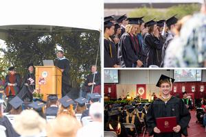 Clockwise from left: Jesuit Father Mitch Pacwa addresses the Class of 2022 at Ave Maria University on May 7 during a prayerful commencement. Graduate Dawson Drummond received his Bachelor of Arts in marketing from Walsh University. He was also a tennis player in college. Clockwise from left: Jesuit Father Mitch Pacwa addresses the Class of 2022 at Ave Maria University on May 7 during a prayerful commencement. Graduate Dawson Drummond received his Bachelor of Arts in marketing from Walsh University. He was also a tennis player in college.